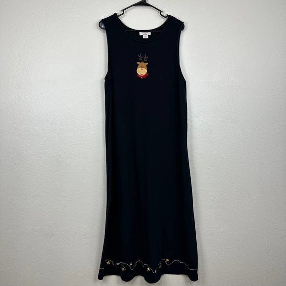 Bechamel Reindeer Christmas Holiday Maxi Dress Black Vintage Size Medium - Picture 1 of 6